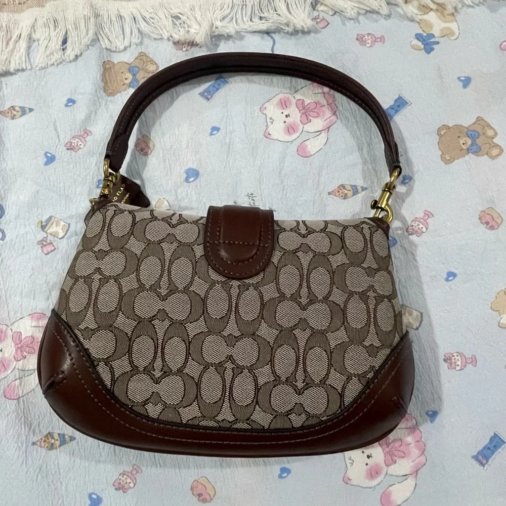 Coach Brown Logo Canvas and Leather Shoulder Bag with Gold Hardware